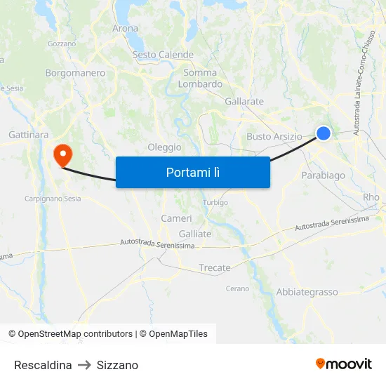 Rescaldina to Sizzano map