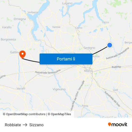 Robbiate to Sizzano map