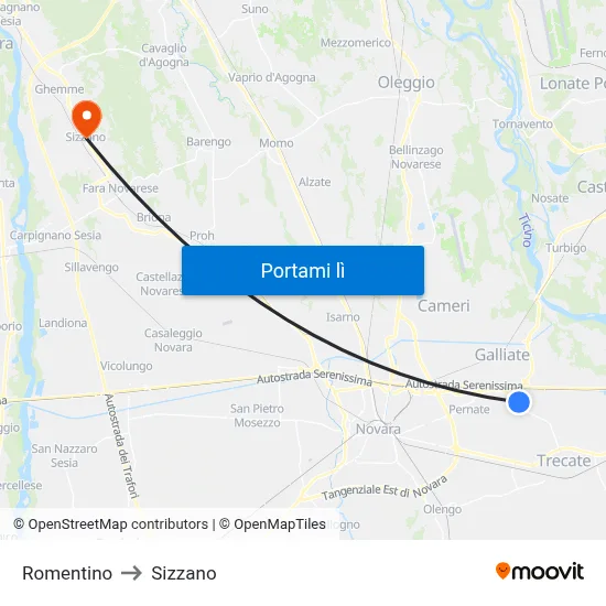 Romentino to Sizzano map
