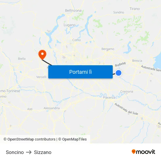 Soncino to Sizzano map