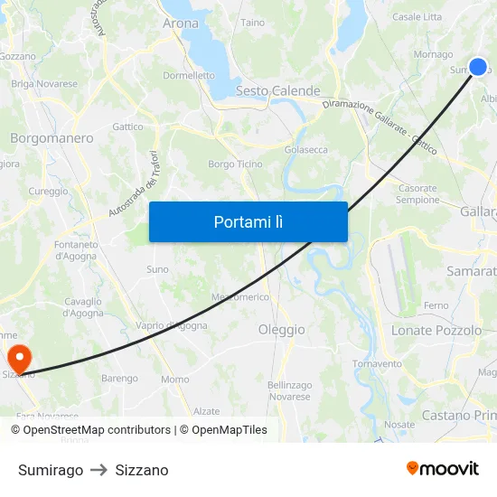 Sumirago to Sizzano map