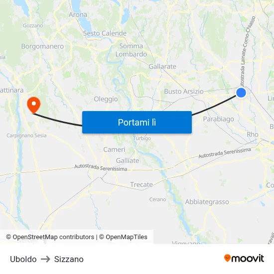 Uboldo to Sizzano map