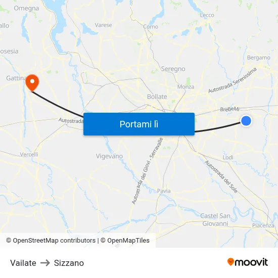 Vailate to Sizzano map