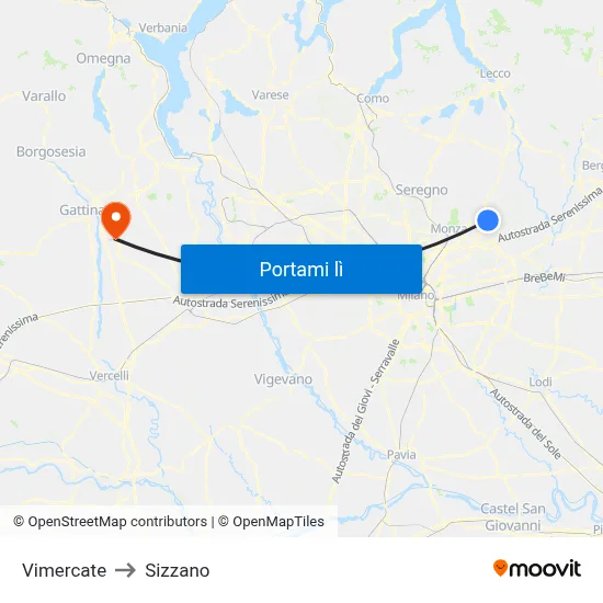 Vimercate to Sizzano map
