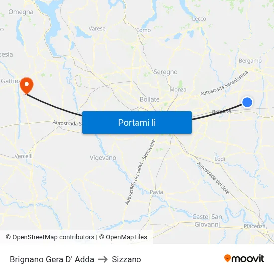 Brignano Gera D' Adda to Sizzano map