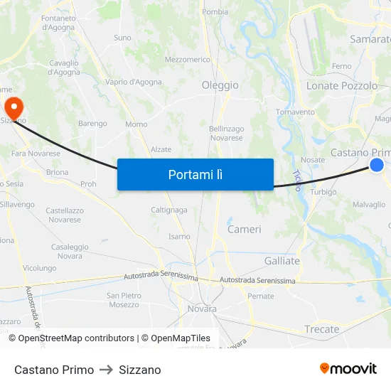 Castano Primo to Sizzano map
