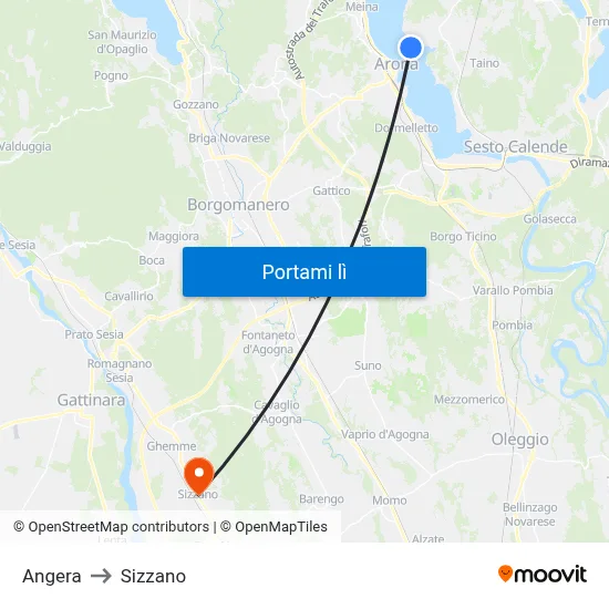 Angera to Sizzano map