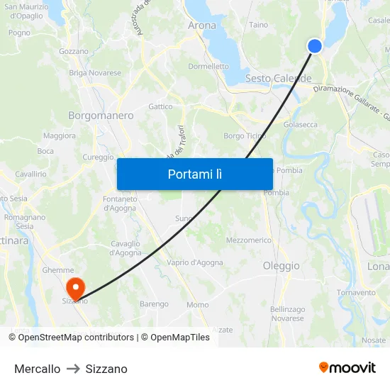 Mercallo to Sizzano map