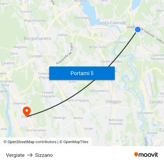 Vergiate to Sizzano map