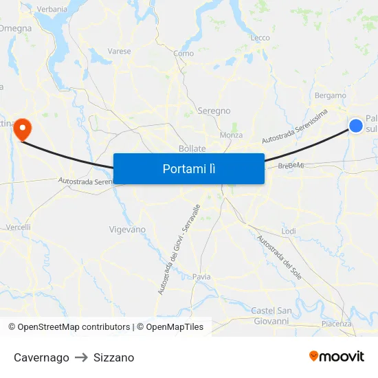 Cavernago to Sizzano map