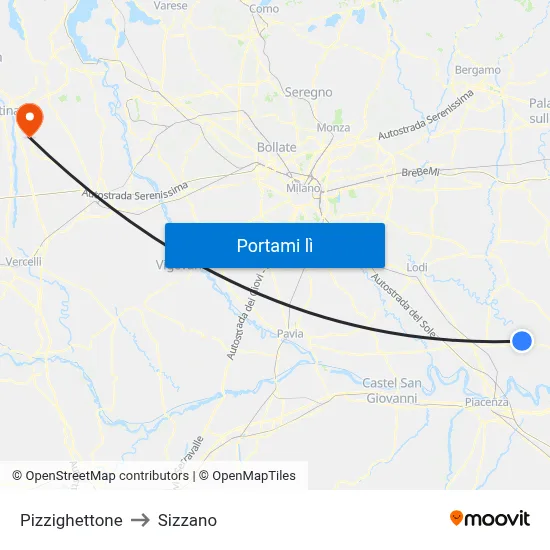 Pizzighettone to Sizzano map