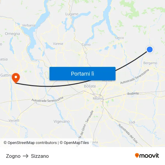 Zogno to Sizzano map