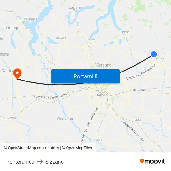 Ponteranica to Sizzano map