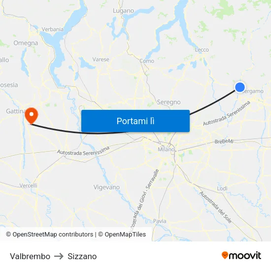 Valbrembo to Sizzano map