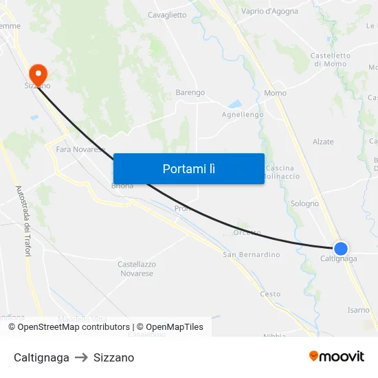 Caltignaga to Sizzano map