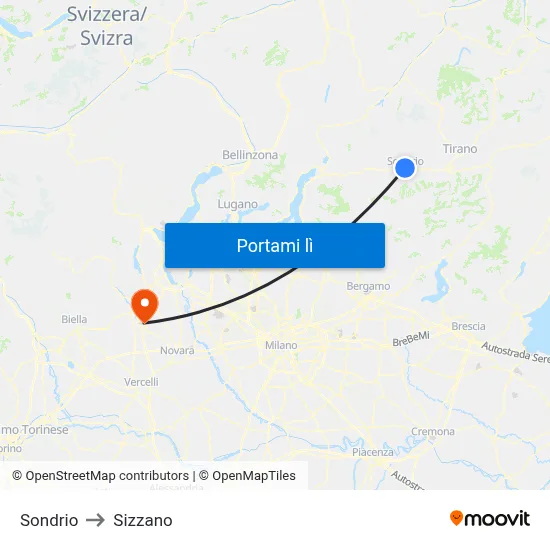 Sondrio to Sizzano map