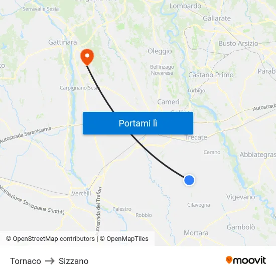 Tornaco to Sizzano map