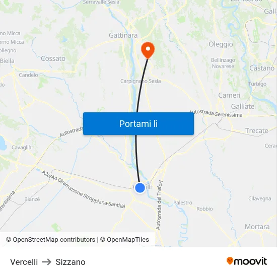 Vercelli to Sizzano map