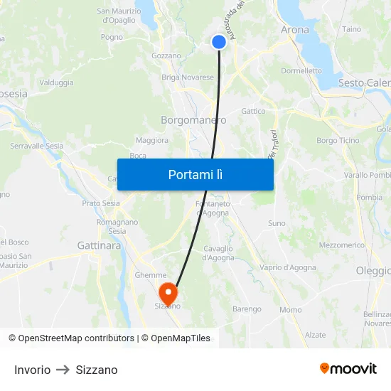 Invorio to Sizzano map