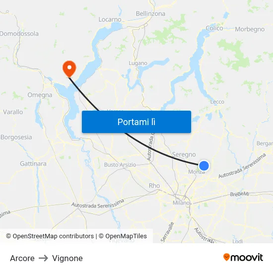 Arcore to Vignone map