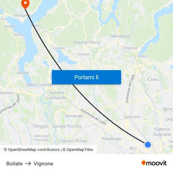 Bollate to Vignone map