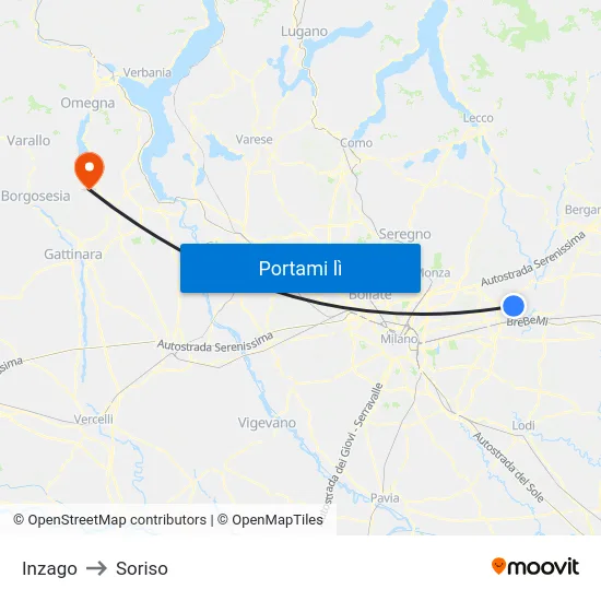 Inzago to Soriso map