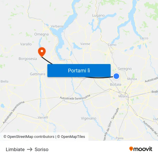Limbiate to Soriso map