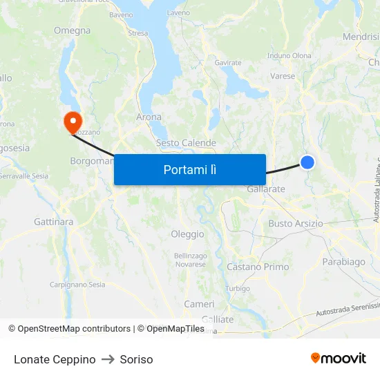 Lonate Ceppino to Soriso map