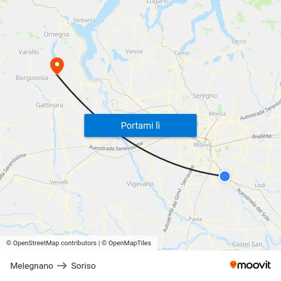 Melegnano to Soriso map