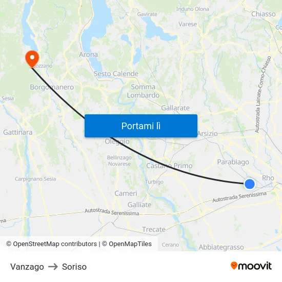 Vanzago to Soriso map