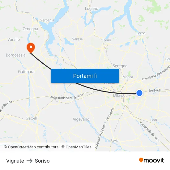 Vignate to Soriso map