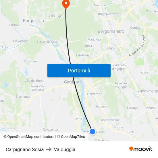 Carpignano Sesia to Valduggia map