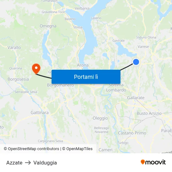 Azzate to Valduggia map
