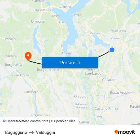 Buguggiate to Valduggia map