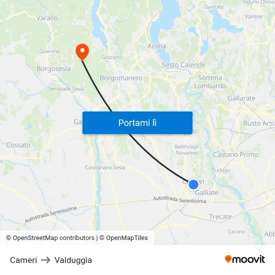 Cameri to Valduggia map