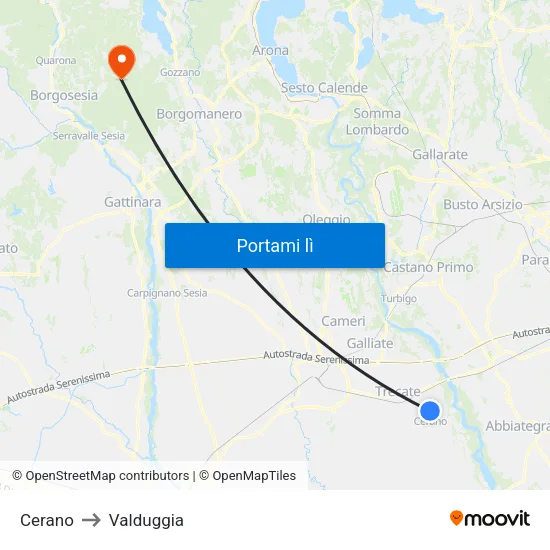 Cerano to Valduggia map