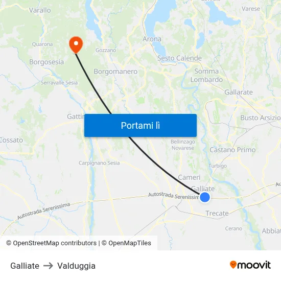 Galliate to Valduggia map
