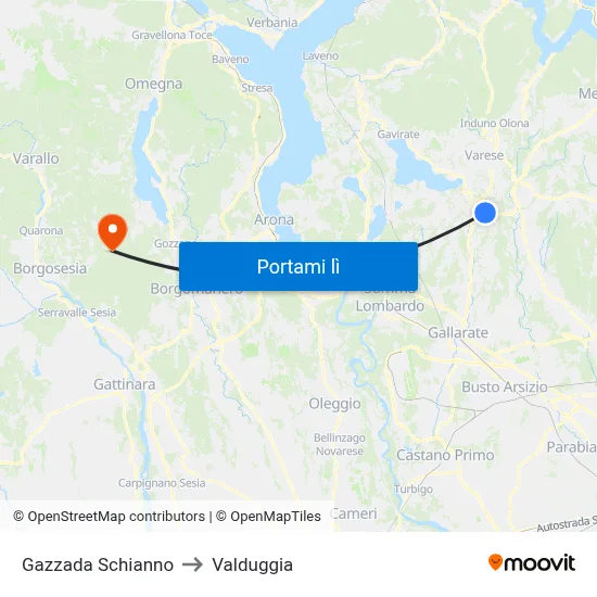 Gazzada Schianno to Valduggia map
