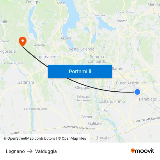Legnano to Valduggia map