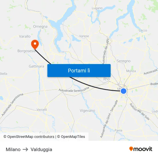 Milano to Valduggia map