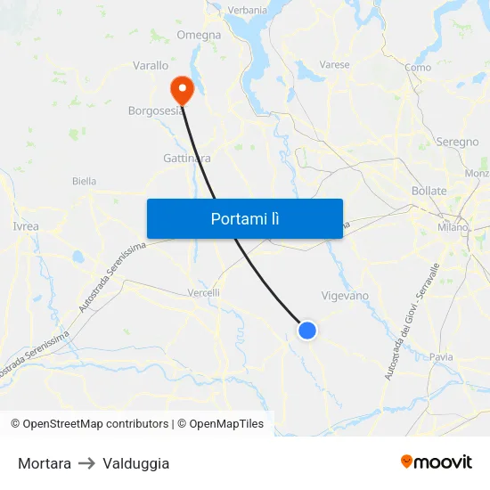 Mortara to Valduggia map