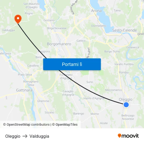 Oleggio to Valduggia map