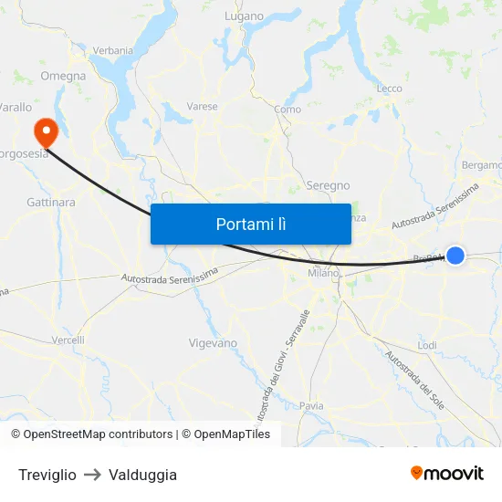 Treviglio to Valduggia map