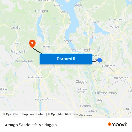 Arsago Seprio to Valduggia map