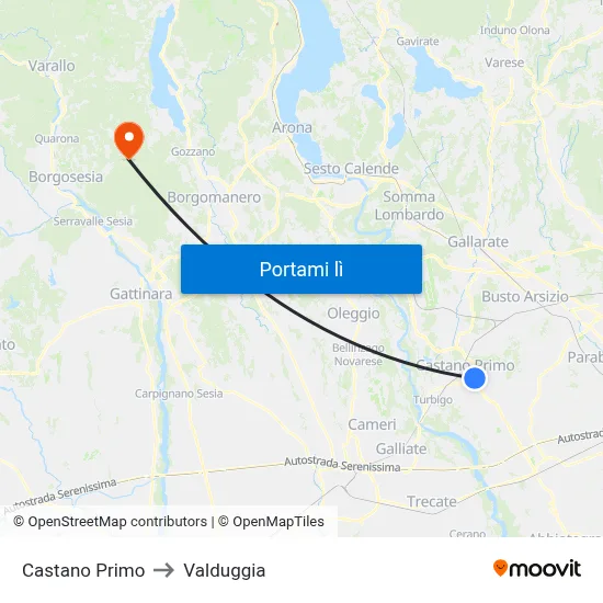 Castano Primo to Valduggia map