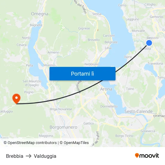 Brebbia to Valduggia map