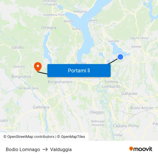 Bodio Lomnago to Valduggia map