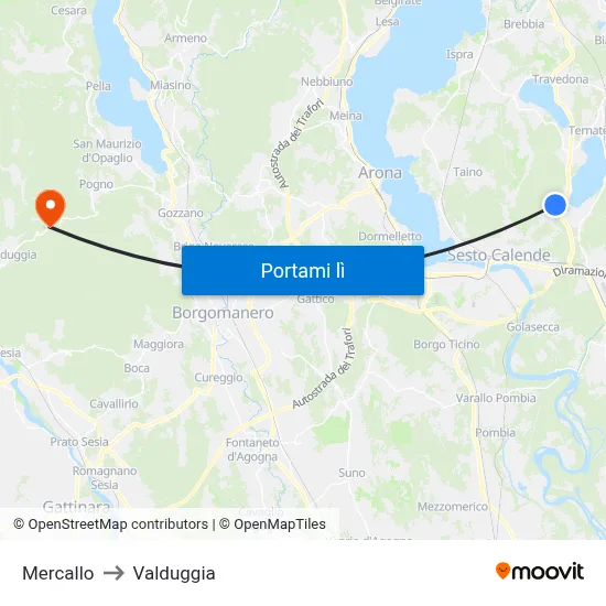 Mercallo to Valduggia map