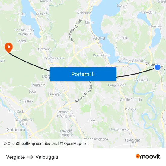 Vergiate to Valduggia map