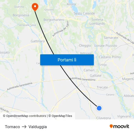 Tornaco to Valduggia map